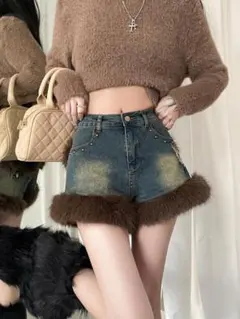 デニム ファー付きショートパンツ