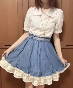 axes femme リボンベルト付き デニムフリルフレアスカート