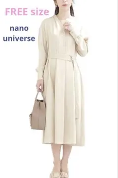 nano universe Vネックフレアとろみワンピース 長袖 ベージュ