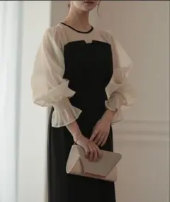 POURVOUS atlo ビスチェ ボリュームスリーブ シフォンドレス L長袖