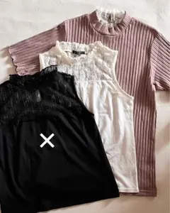 ノースリーブ　ハイネック　半袖　カットソー　イング　白　茶