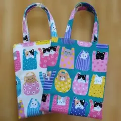 ミニミニトートバッグ　２点セット　猫エコバッグ柄　ハンドメイド