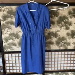 青いシャツワンピース 半袖 ウエストゴム