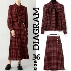 美品ダイアグラムチドリプリントボウタイブラウス プリーツスカートセットアップS