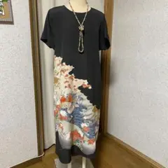 訳あり《Ｌ108cm》黒留袖リメイク 友禅染 半袖ワンピース 作家物落款