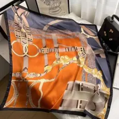 オレンジ グレー 装飾的 スカーフ 大判 サイズ；90cmx 90cm