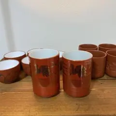 九谷焼　未使用　夫婦湯呑み＆赤茶色湯飲み9個　弘洋　まとめ売りまとめて湯呑みお茶