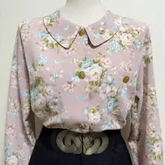 ヴィンテージ レトロ古着 刺繍レース襟クラシックブラウス ネイビー 