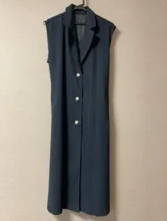 【未使用】バックプリーツ ロングジレ／ロングベスト（ネイビー）