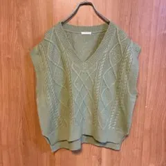 【GLACIER】グラシア　ニットベスト　Vネック　ウール混　グリーン　Mサイズ