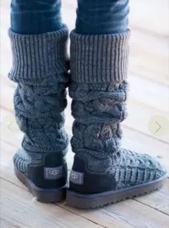 ugg ニット　ケーブル編み　ロングブーツ　オーバニー　グレー