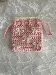 リボンミニ巾着ポーチ　かぎ針編み　ハンドメイド