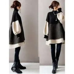 ハイネックバルーン袖ニット切り替えデザインチュニック