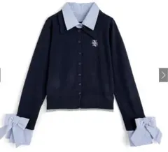 襟付き袖リボンロゴ刺繍ニットトップス fs29