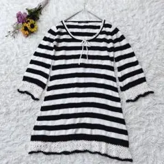 INGNI　七分袖チュニック　レース編み透け感　スパンコール　リボン　ストライプ