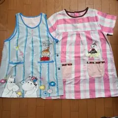 ムーミン柄エプロン 青とピンクストライプ