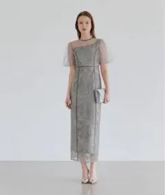 LEJA アシンメトリーシアーフラワーワンピースドレス グレー　Sサイズ