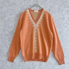 【ロジカ】 金糸 チルデン 幾何学 Vネック ウール混 ニット (M) ゴールド