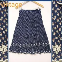 昭和レトロ古着★2段スカラップフリル花刺繍総小花柄フレアースカート