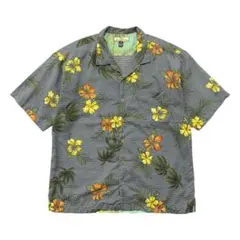 古着 トミーバハマ 開襟 ハワイアンシャツ ハイビスカス ヤシの木柄 グレー