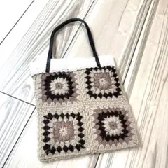 【未使用品】タグ付　かぎ針編み　毛糸ミニハンドバッグ　花モチーフ　ブラウン　茶色