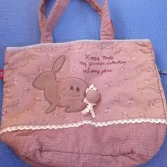 ウサギ刺繍のピンクトートバッグ