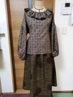 着物リメイクブラウス、スカート／セットアップ、大島紬、M〜Lサイズ