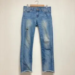 【クロッシープレミアム】しまむら ストレートデニムパンツ ダメージ加工 ブルー系