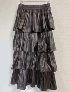フリル付きプリーツロングスカート ダークブラウン