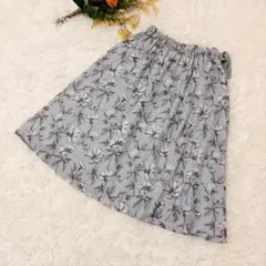 ケティ スカート 花柄 くすみブルー ウエストゴム 日本製 フレアスカート