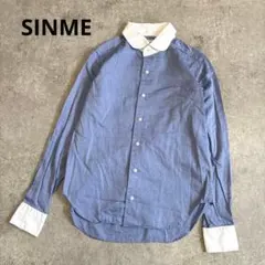 美品】SINME シンメ クレリックシャツ 丸襟 長袖 ブルー ×ホワイト 