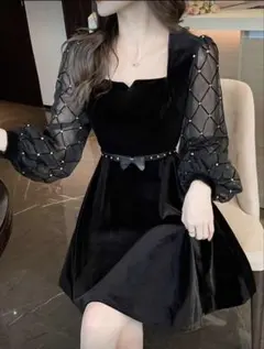 ブラック シアー袖パールデザインワンピース パーティードレス卒業式 二次会謝恩会