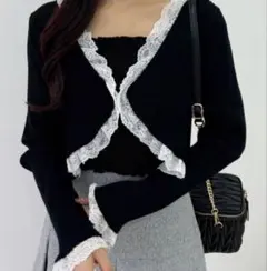 レース切り替えリブボレロカーディガン 黒 ブラック スナ系 韓国系 春