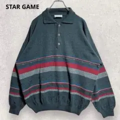 スターゲーム ニット ポロシャツ XL 大きめ グリーン系 ボーダー柄 2306