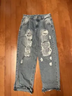 ダメージ加工 ライトブルーデニム ワイドレッグ