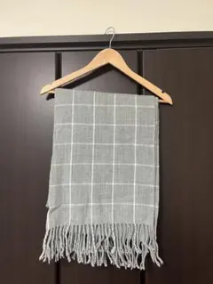グレー チェック柄 マフラー フリンジ付き