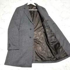 美品　イタリア製生地　チェスターコート　グレー　ヘリンボーン　裏地ペイズリー　L