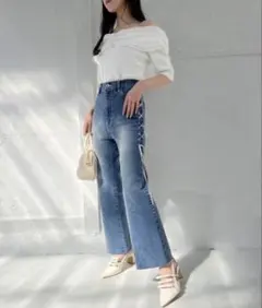 ジーンズ デニム デニムパンツ サイドレースアップストレッチデニム レディースのサムネイル