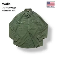 70s【USA】Wallsウォールズ コットンシャモアシャツLオリーブグリーン