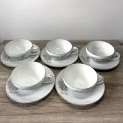 深川製磁　オールド深川　銀彩竹林　カップ&ソーサー　5客セット