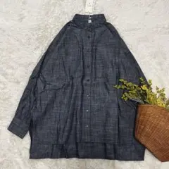 新品 スタンドフリルブラウス チュニック インディゴ染め 綿 ネイビー M〜L
