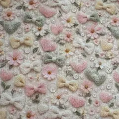 1m 新柄大人可愛い3D風ニット刺繍ハートリボンコスモス菊シーチングハンドメイド