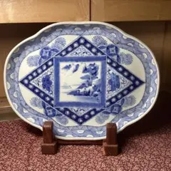 中国美術 清朝時代 新渡染付 隅切八角皿 花模様 大皿 骨董品 直径約