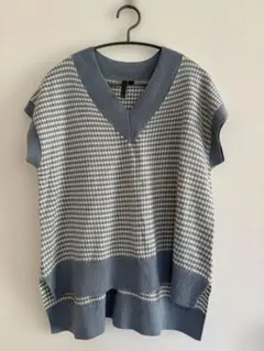 DIRZ 水色 チェック柄 ニットベスト M 春