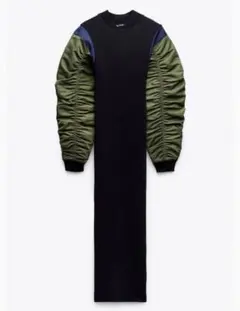 ZARA コントラストナイロンミディワンピース ブラック M ニットワンピース