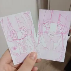 トレカサイズ　二枚セット　可愛い　萌え絵　量産型　地雷系　手描き　ピンク