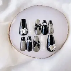 ワンホンネイル　韓国　中国　ネイル　フレンチガーリー　黒　リボン　量産型