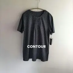 【新品タグ付】CONTOUR　ギャザー半袖チュニックブラウス　紺✕紫ドットのサムネイル
