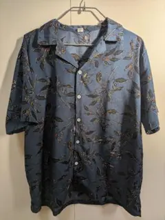 レディース 葉柄 半袖シャツ 青 ネイビー