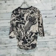 和柄 7分丈 tシャツ 鯉柄 M 黒白